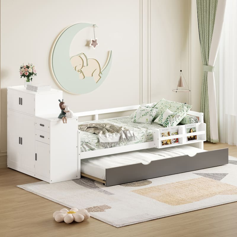 Multifunctional Twin Size Wood Platform Bed with Bookshelf, Wardrobe, and Trundle, White - White