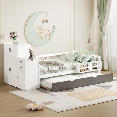 Twin Wood Bed with Built-In Bookshelf, Trundle & Movable Wardrobe