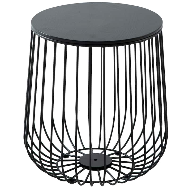 Runswick 16-inch Round Storage End Table – Mid-Century Modern Side Table with Removable Wood Top and Wire Drum Base - 16" - Black