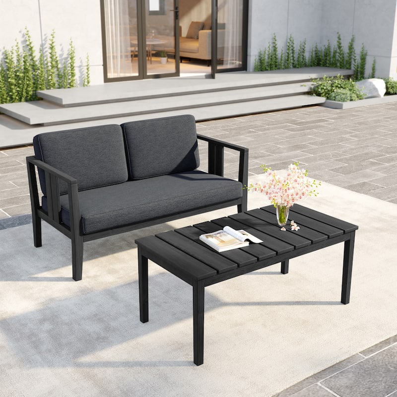 Uixe Teak Patio Loveseat with Coffee Table Outdoor Conversation Set