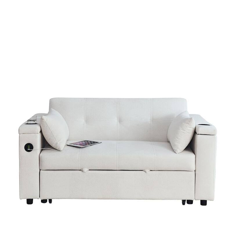 54" Multi-functional Chenille Sofa Bed with Cup Holder and USB Port for Living Room