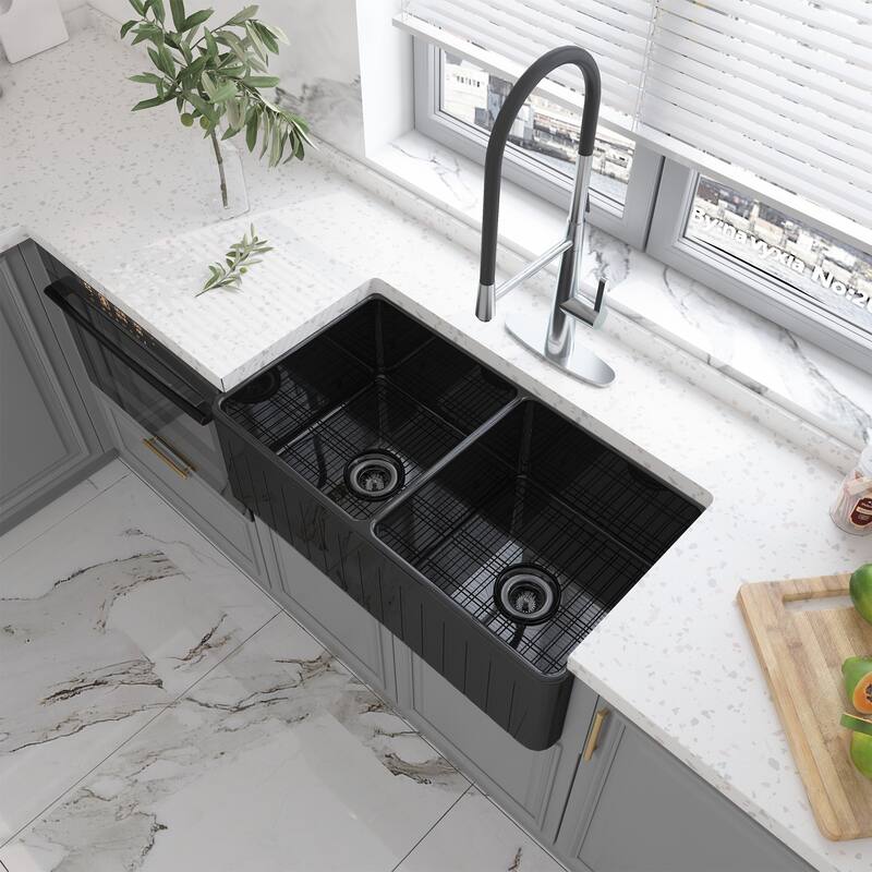 33 in. Farmhouse/Apron-Front Double Bowl Fireclay Kitchen Sink with Striped Design Reversible Installation, Grids and Strainers