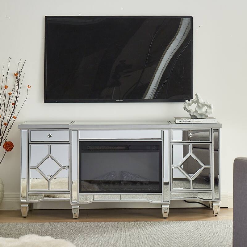 57" Silver Combination TV Stand & Electric Fireplace with High-Intensity LED Flames
