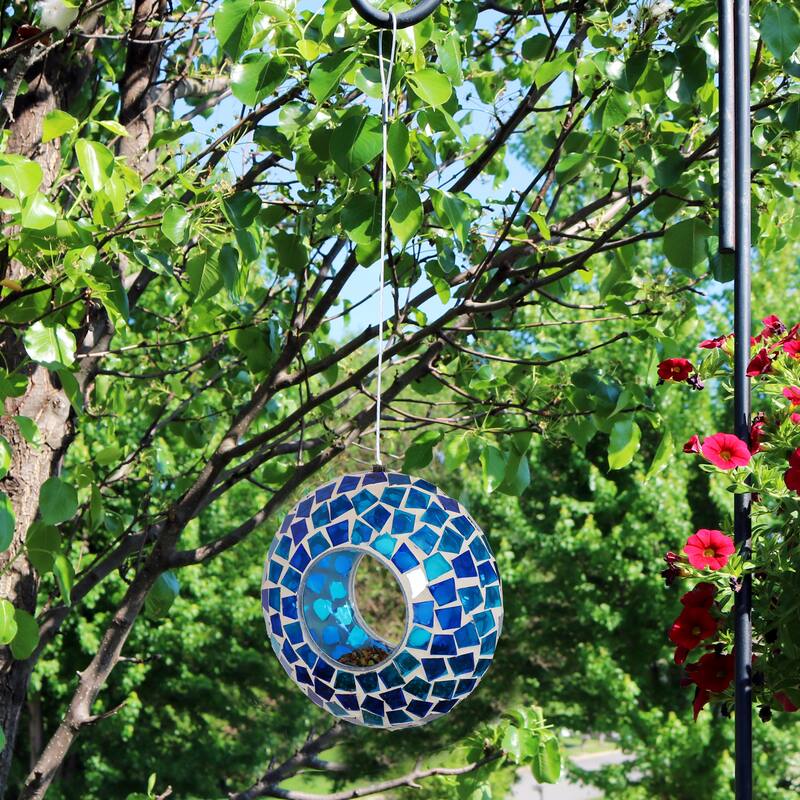 Outdoor Hanging Bird Feeder Blue Mosaic Fly-Through Design - 6"