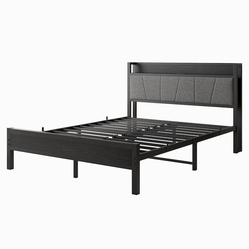 Platform Bed Metal Bed Frame, Storage Headboard with Charging Station, Under Bed Storage Clearance, Noise-Free, Easy Assembly