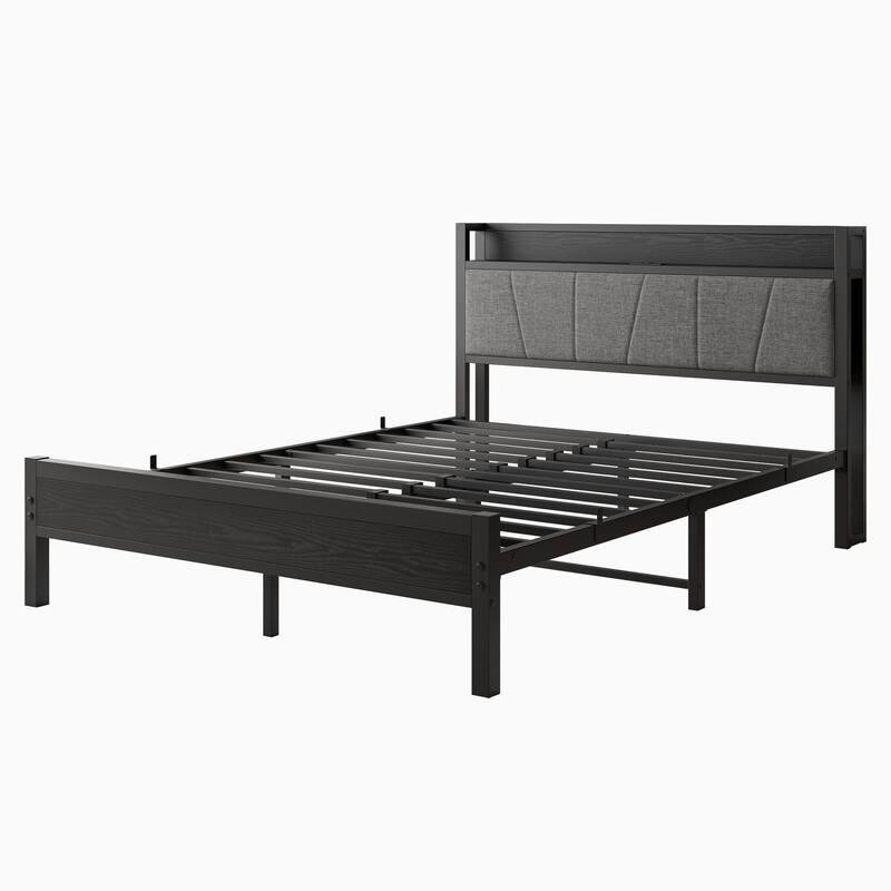 Queen Storage Bed Frame with Charging Station, Upholstered Headboard, No Box Spring Needed, Easy Assembly