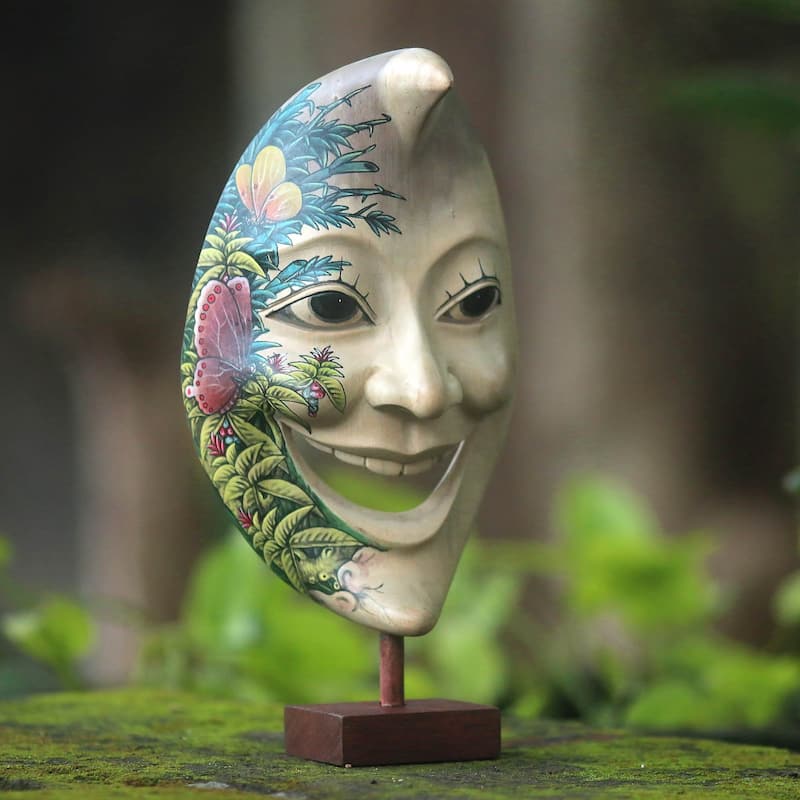 Novica Handmade Smiling Moon Man Wood Mask