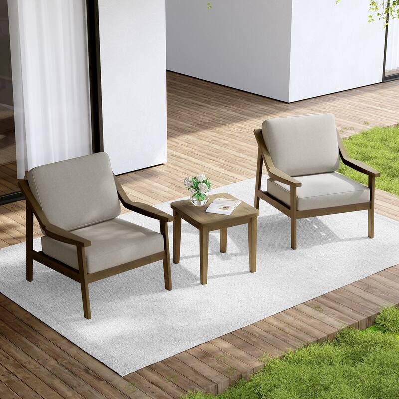 Outdoor Wood Cushioned Patio Set of 2 Accent Chair with Side Table