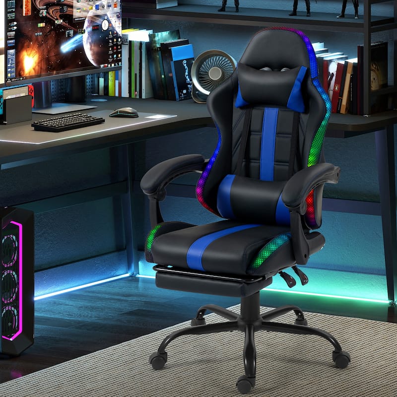 EROMMY RGB LED Gaming Chair with Thickened Massage Lumbar Pillow & Upgraded Footrest, Reclining Ergonomic Chair