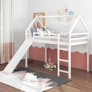 Scandinavian Style Twin Size Wood Loft Bed,House Bed Design Solid Construction with Slide and Supporting Slats