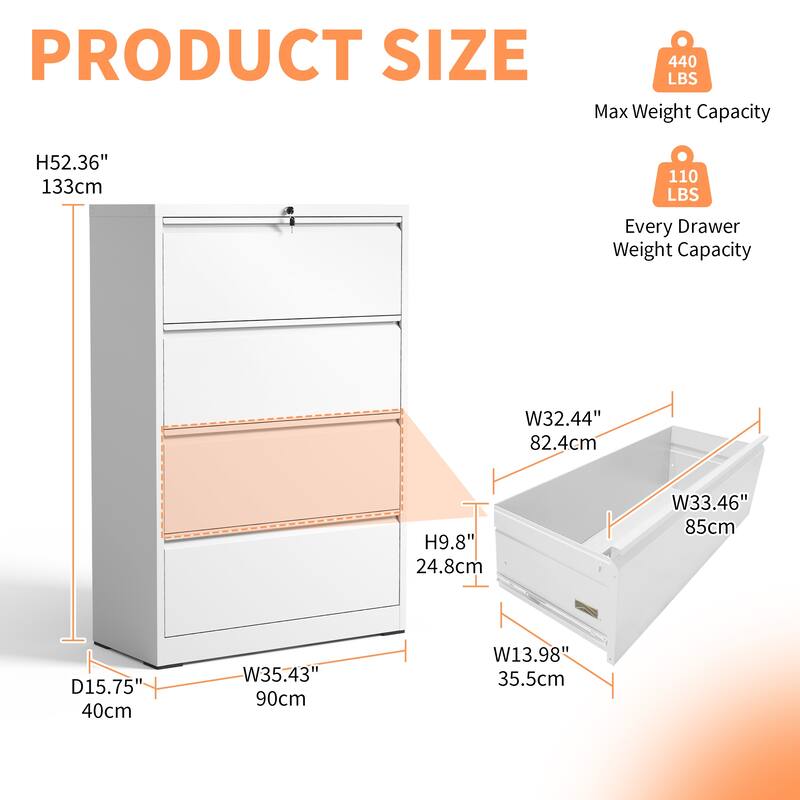 Lateral File Cabinet 4 Drawer, Filing Cabinet with Lock, Lockable File Cabinet for Home Office, Locking Metal File Cabinet