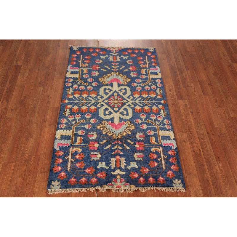 All-Over Blue Oushak Indian Foyer Rug Hand-Knotted Wool Carpet - 3'1"x 5'0"