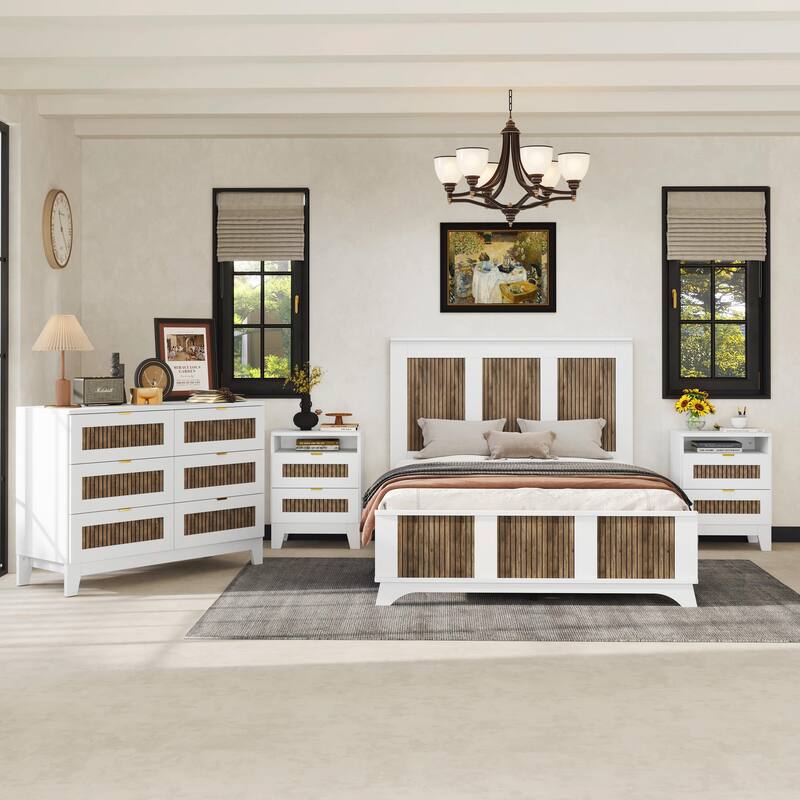 4-Piece Bedroom Set: Farmhouse Platform Bed, Nightstand, and Dresser with Metal Handles - White - Queen