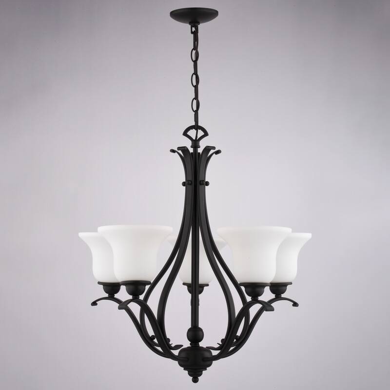 VAXCEL Monrovia 5-Light 26 in. Wide Chandelier with White Glass Shade, Adjustable Height Hanging Ceiling Fixture