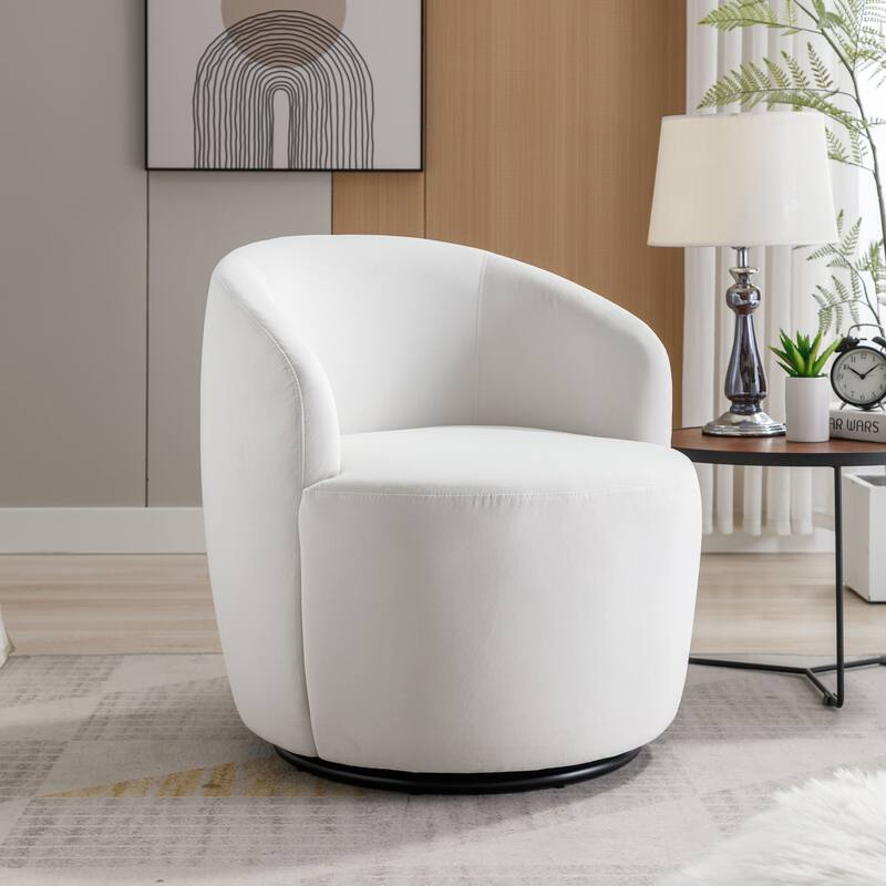 Velvet Swivel Barrel Chair with 360° Black Metal Base - White