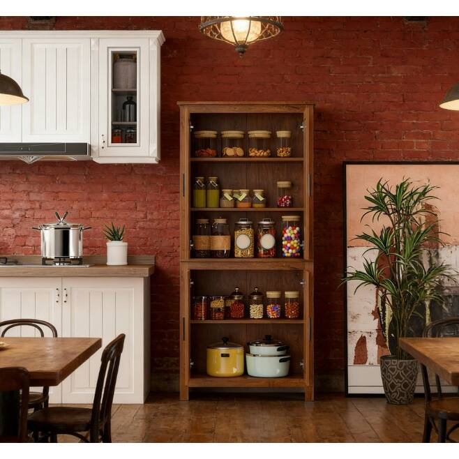 Freestanding Kitchen Pantry with Adjustable Shelves for Home Storage - Brown