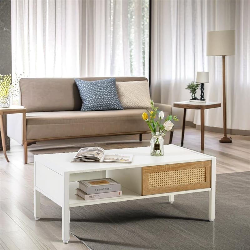 Rattan Coffee Table,Sliding Door For Storage,Metal Legs,Modern Table