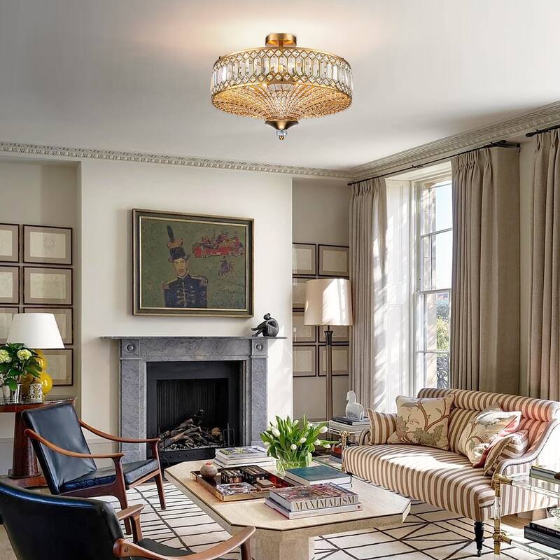 Mid Century 6-Light Gold 19.6-in Glam Crystal Semi Flush Mount with Drum Shade - 19.6