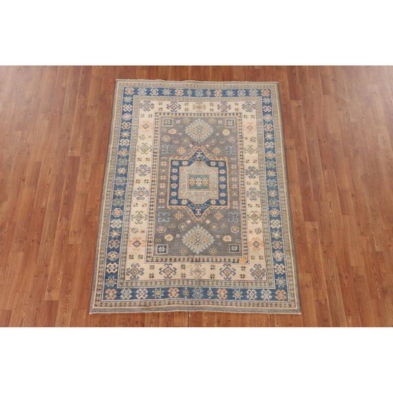 Geometric Kazak Area Rug Handmade Oriental Wool Carpet - 4'0" x 5'9"