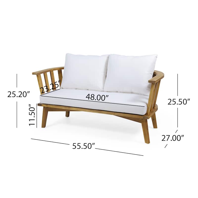 Roomfitters Outdoor Wooden Loveseat with Cushions, White and Teak Finish, Weather-Resistant Teak Wood