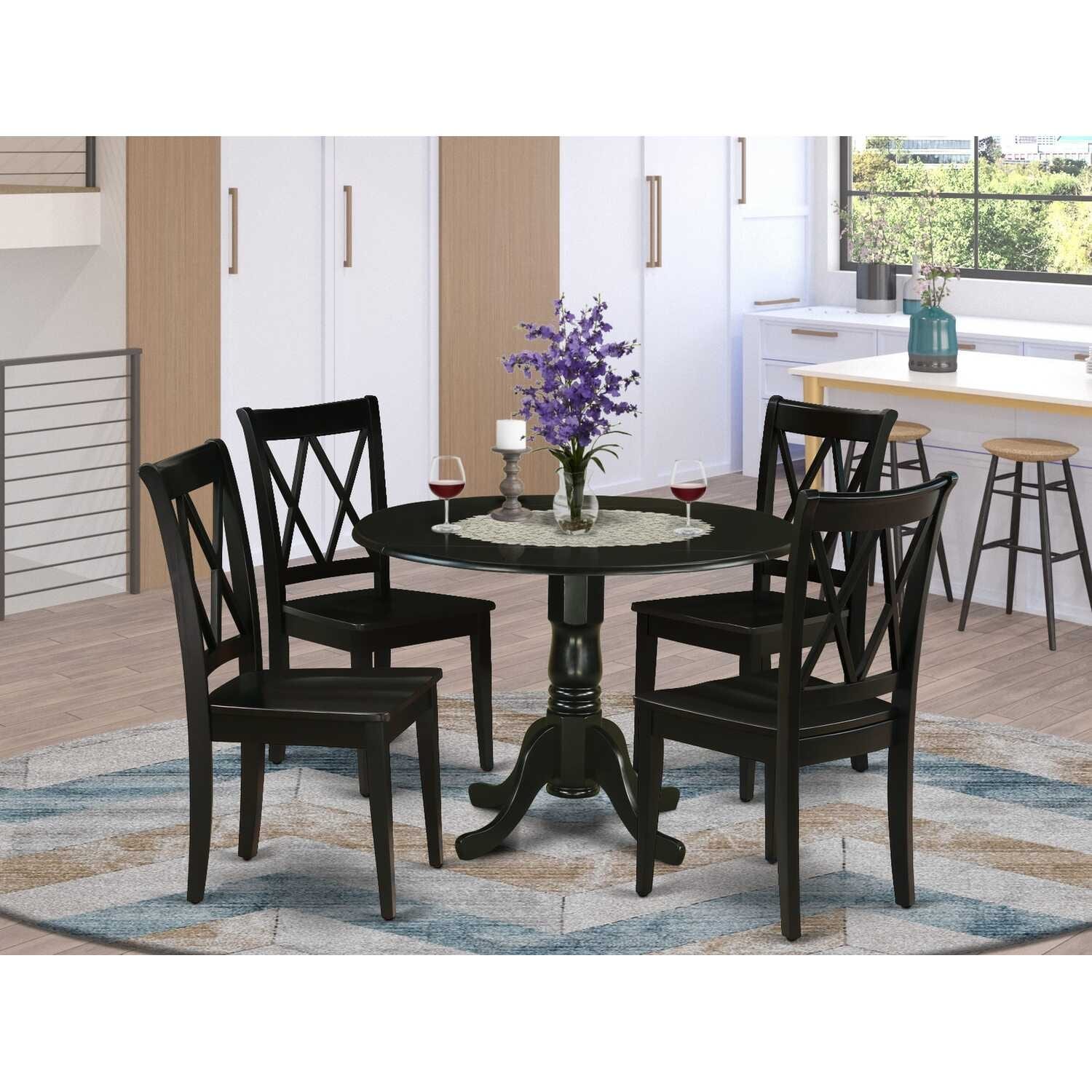 HomeStock 5-Piece Round Black Finish Solid Wood Top Dining table with 4-Chairs with Drop Leaf