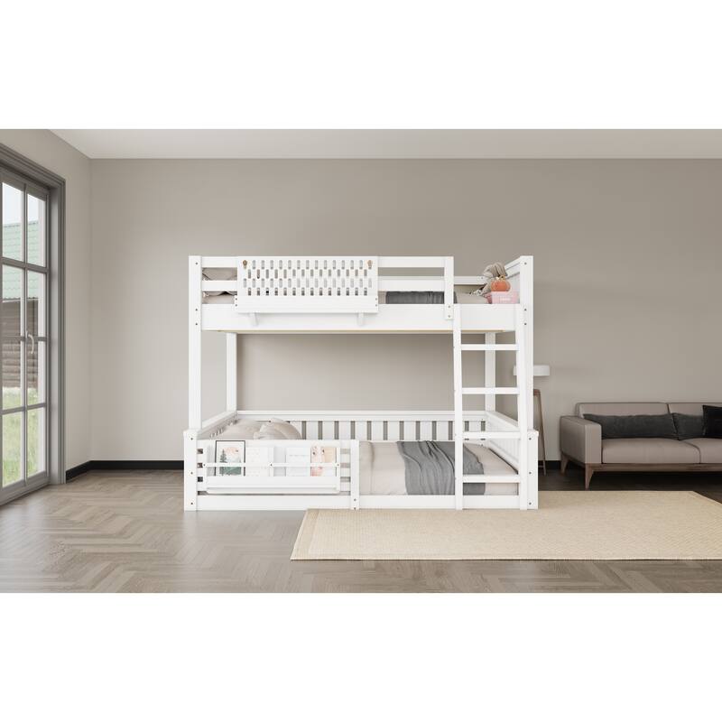 Full XL over Queen/Full over Queen Bunk Bed with Ladder and Guardrails, Pegboard and bookshelf, White