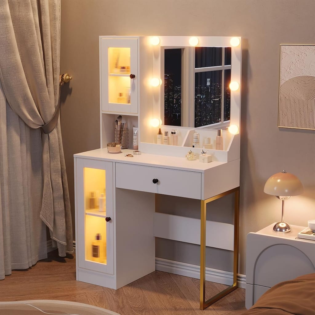 Vanity Desk, Makeup Dressing Table with LED Lights, Mirror, Built-in Outlets & USB Ports