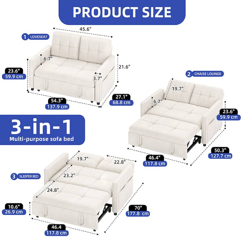 3-in-1 Multi-Functional Sleeper Sofa with Iron Frame Pull-Out Bed Loveseat and USB Port for Living Room or Small Space