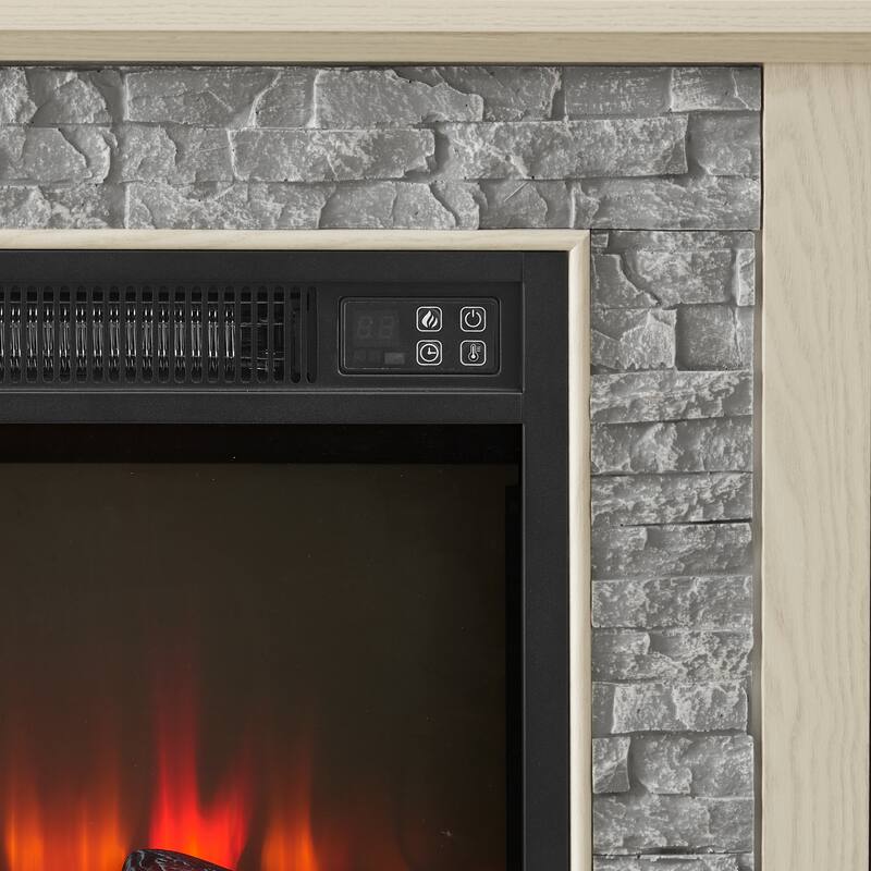 GDFStudio Eulalia Wood 2-Door Storage TV Stand with Faux Stone Mantle