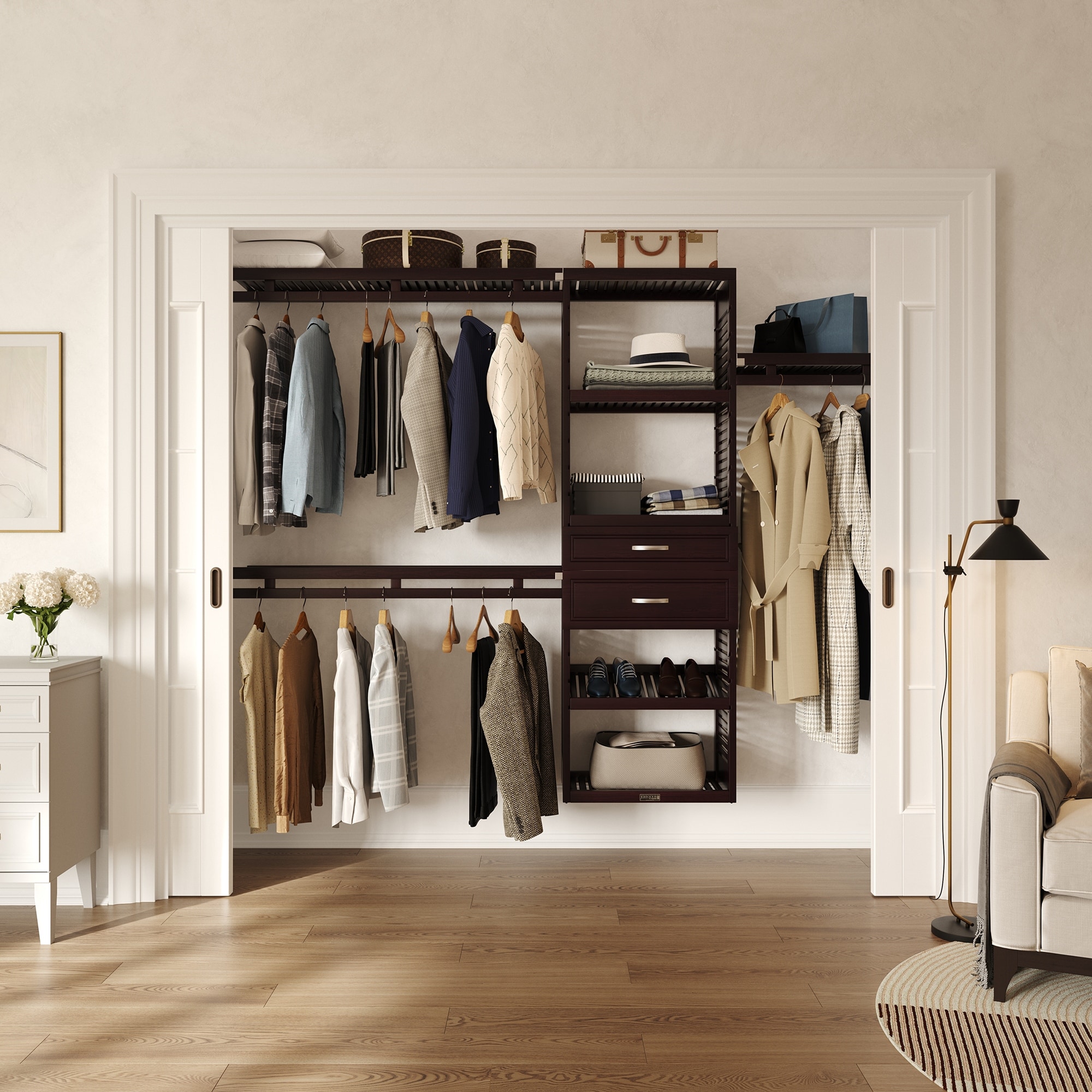 John Louis Home Solid Wood Reach-In Simplicity Closet System with 2-Drawers Espresso