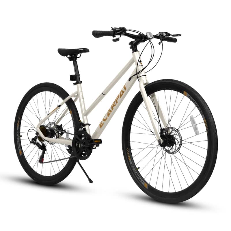 28-inch Road Bike with Aluminum Alloy Wheels, 21-Speed Gear System, Disc Brakes, Wide Tires - Ideal for Urban Commuting - Cream