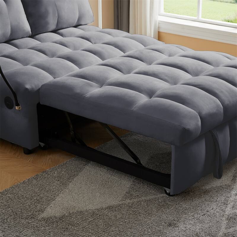 Velvet Pull Out Sofa with Removable Backrest,USB Port and Phone Stand