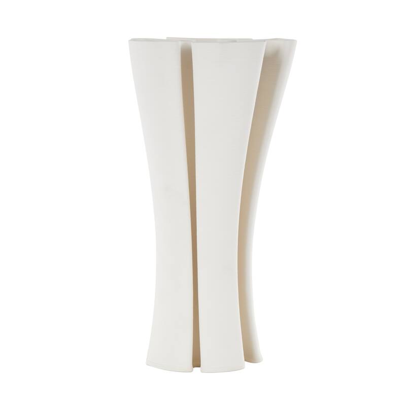 White Ceramic Ribbed Dimensional Folded Abstract Vase with Curvy Rim