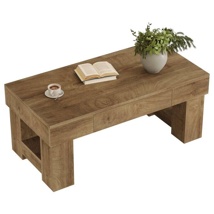 47.24" Wooden Coffee Table with Drawer, Rustic Center Table