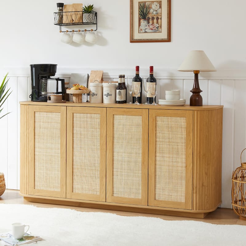 64-Inch Wave Shaped TV Stand, Wood Vertical Striped Cabinet with Rattan Doors - Natural