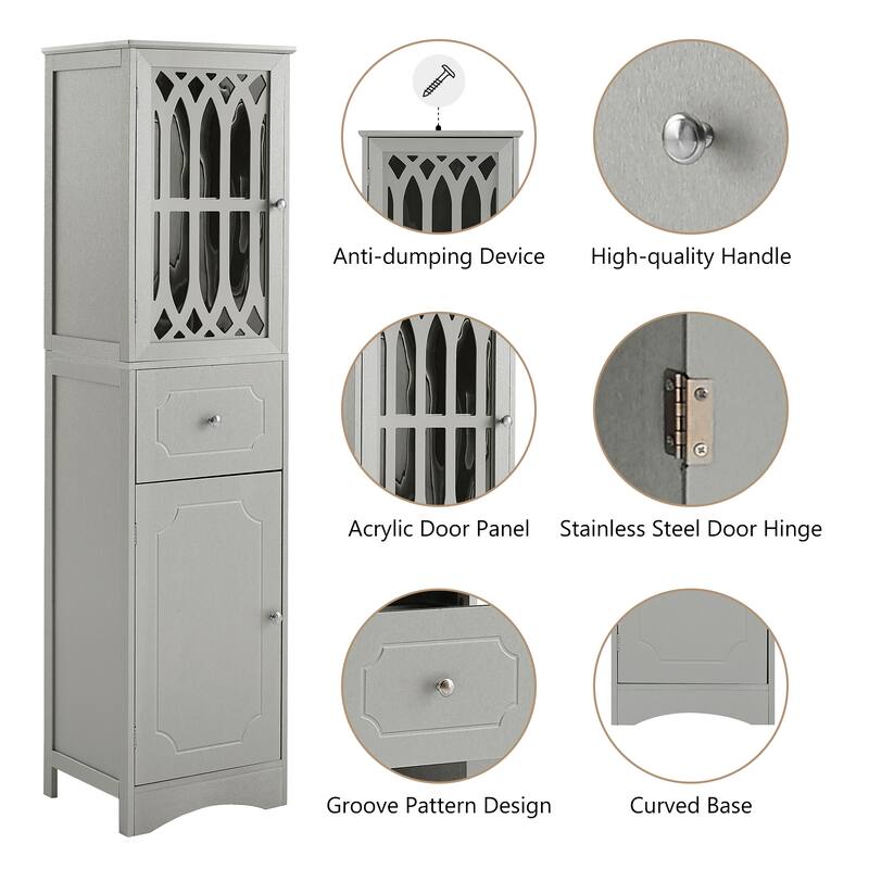 Freestanding Adjustable Storage Cabinet with Metal Knobs, Acrylic Panel Door Cabinet, Groove Pattern Drawer and Door Cabinet