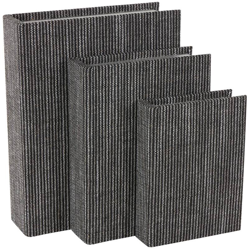 Linen Fabric Striped Faux Book Storage Box with White Accents - Set of 3 - Roche River Decor - Black