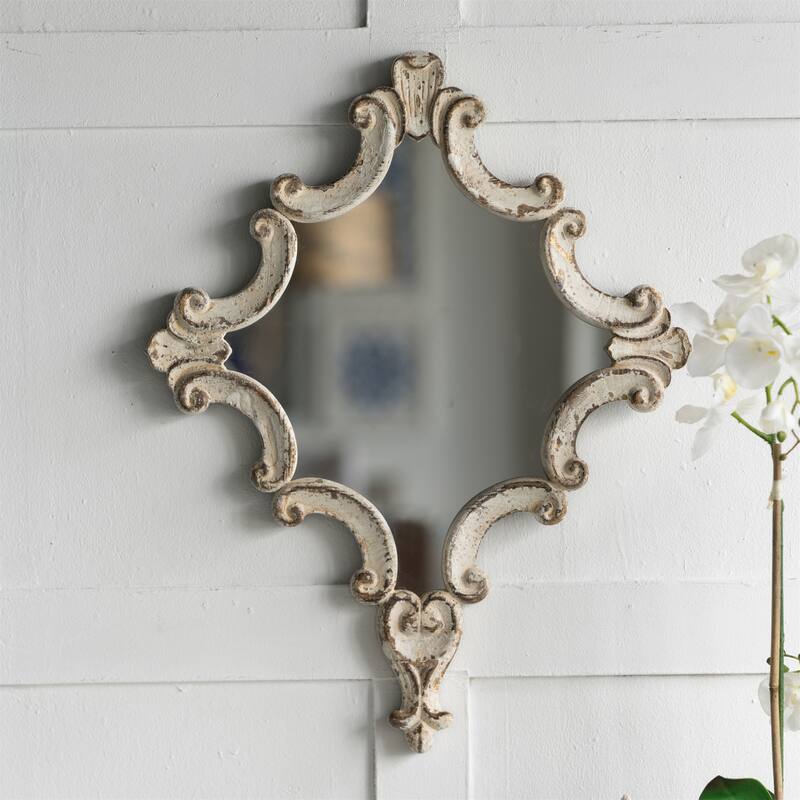 White Artistic Diamond Wall Mounted Mirror - Antique White