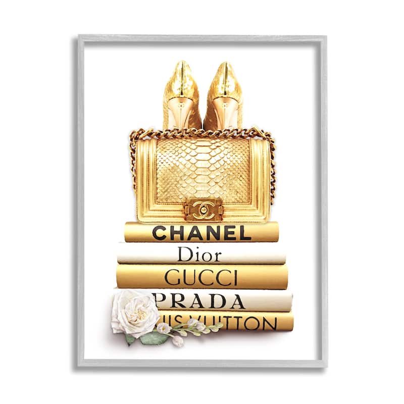 Stupell Divine Golden Fashion Purse on Glam Designer Bookstack Framed Wall Art