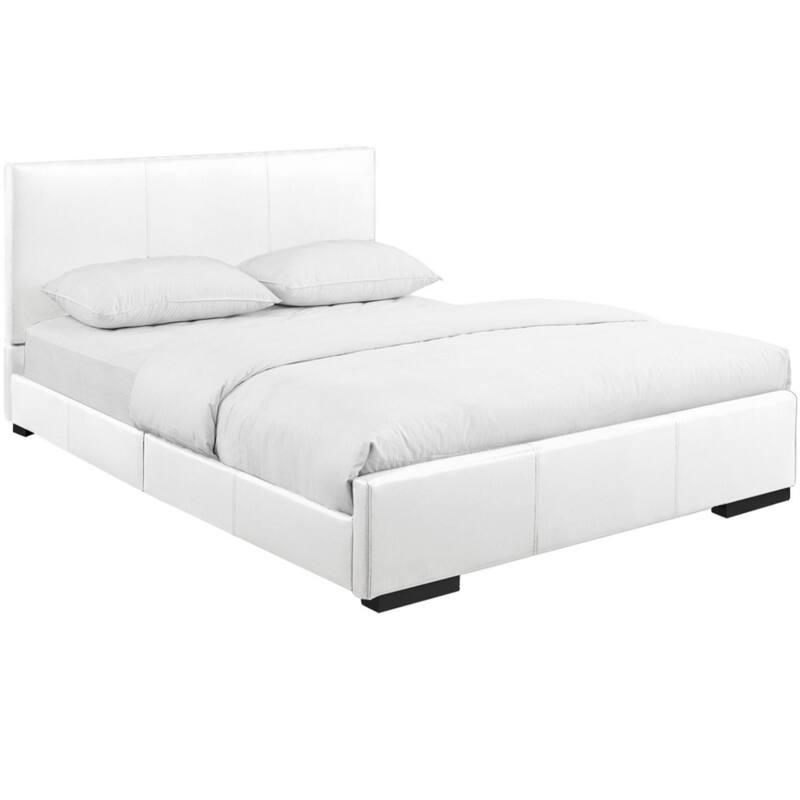 White Solid and Manufactured Wood Queen Upholstered Faux Leather Bed Frame
