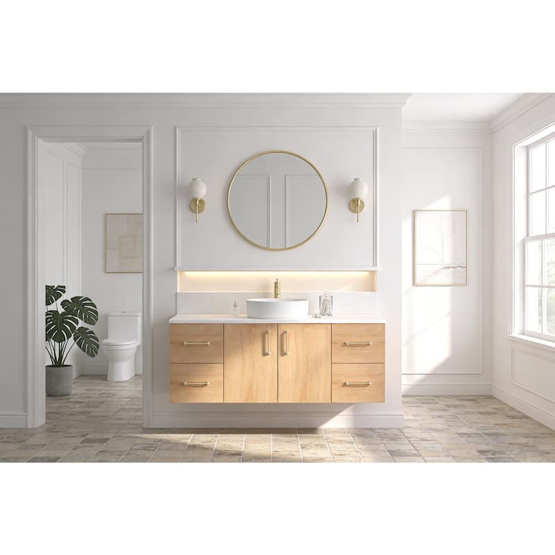 Prismella 36" 48" Floating Vanity with Round Vessel Sink, Quartz Top