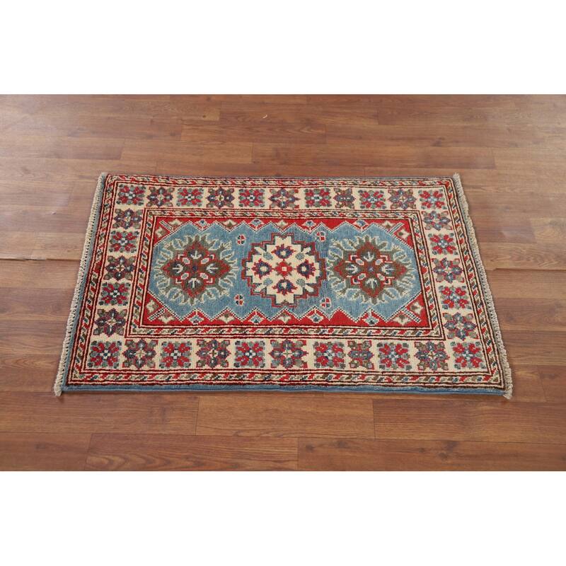 Blue Kazak Accent Rug Handmade Geometric Wool Carpet - 2'0" x 3'0"