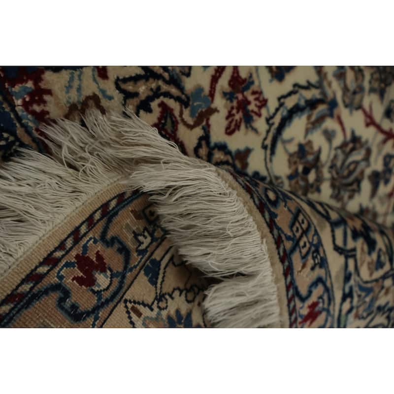 Hand Knotted Oriental Wool & Silk Carpet Traditional Floral Beige & Ivories Nain Area Rug - 8' 5'' X 5' 6''