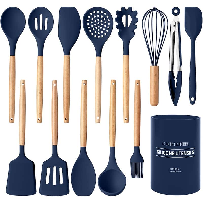 Country Kitchen Non Stick Silicone Utensil Set with Rounded Wood Handles for Cooking and Baking, 14 Piece Set - Navy