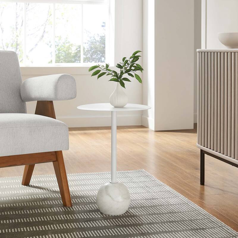 Aliza Round White Marble Side Table with White Marble Base