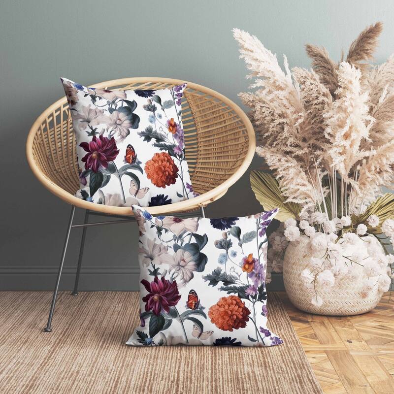 Mixed Flower Delight Indoor/Outdoor Reversible Throw Pillow White and Multi