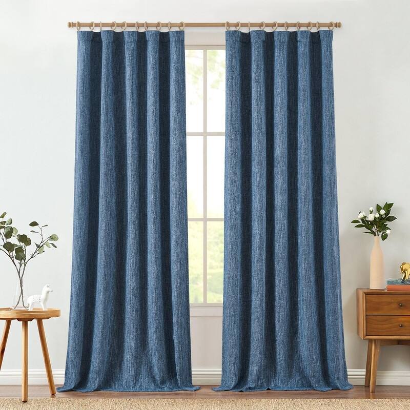 96 Inch Light Filtering Farmhouse Curtains Burlap Look Textured - Blue