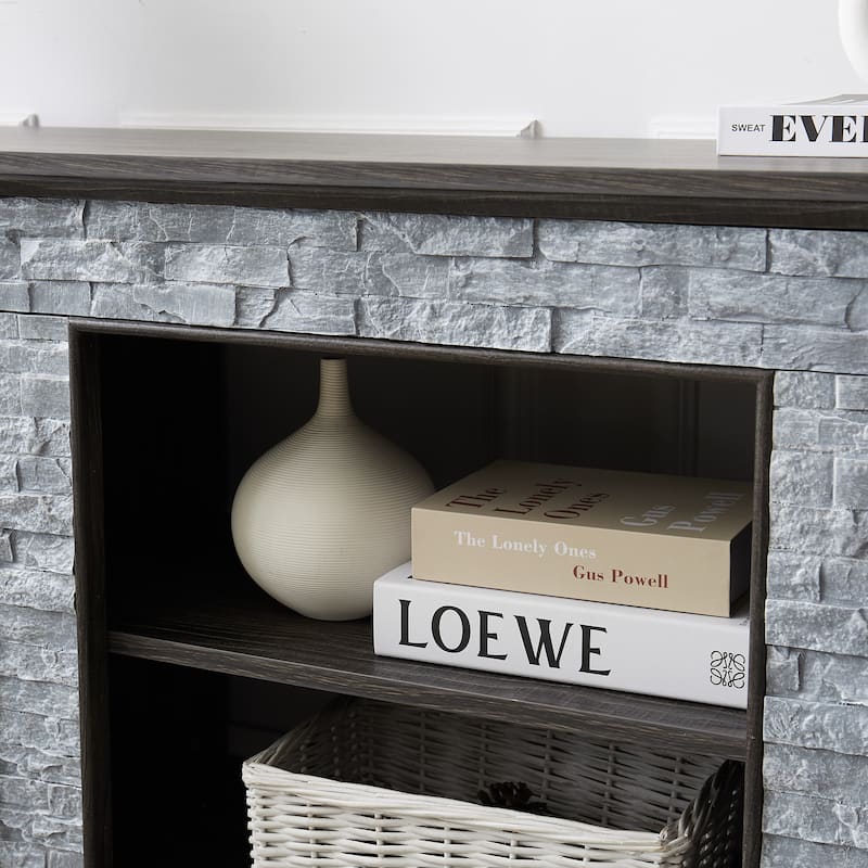 58 Inch Mantel Stone TV Stand for TVs up to 65 Inch, Media Console with Faux Stacked Stone Surround and Open Storage