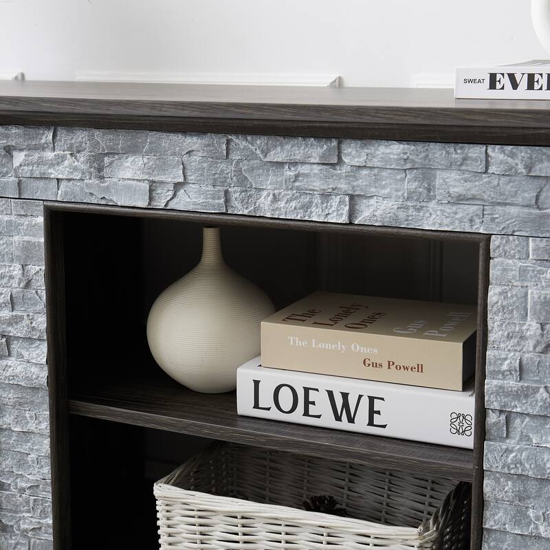 Anmytek Farmhouse TV Stand with Faux Stacked Stone Surround Accent Media Console for 60-69 inches TV Rustic Storage Cabinet