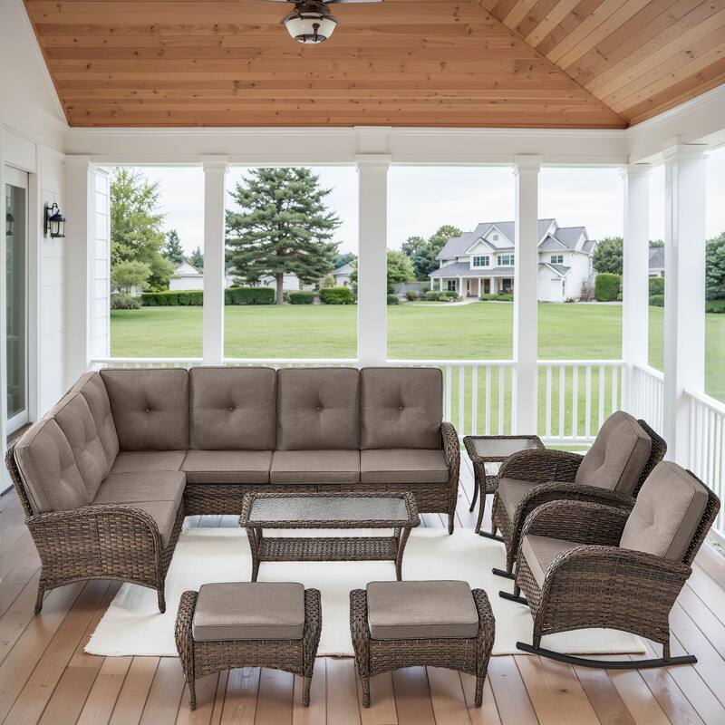 Outdoor Sectional Sofa Rocker Chair Table Ottomans - Brown - Grey
